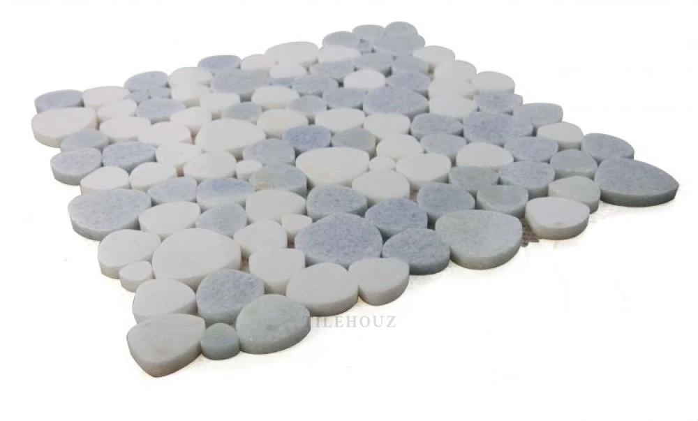 Aphrodite Crystal Ocean 12x12 Marble Mosaic by Tilehouz; white and blue-gray round wall tiles