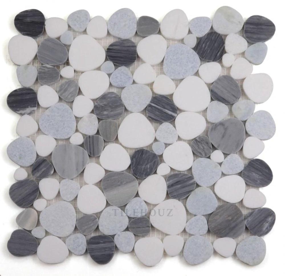 Aphrodite Deep Ocean 12x12 marble mosaic by Tilehouz; gray pebble marble wall tile
