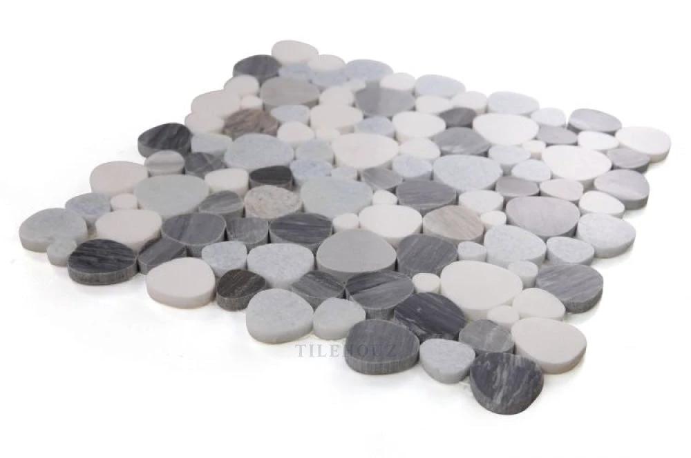 Tilehouz Aphrodite Deep Ocean round marble mosaic discs gray and white, 12x12 wall tile