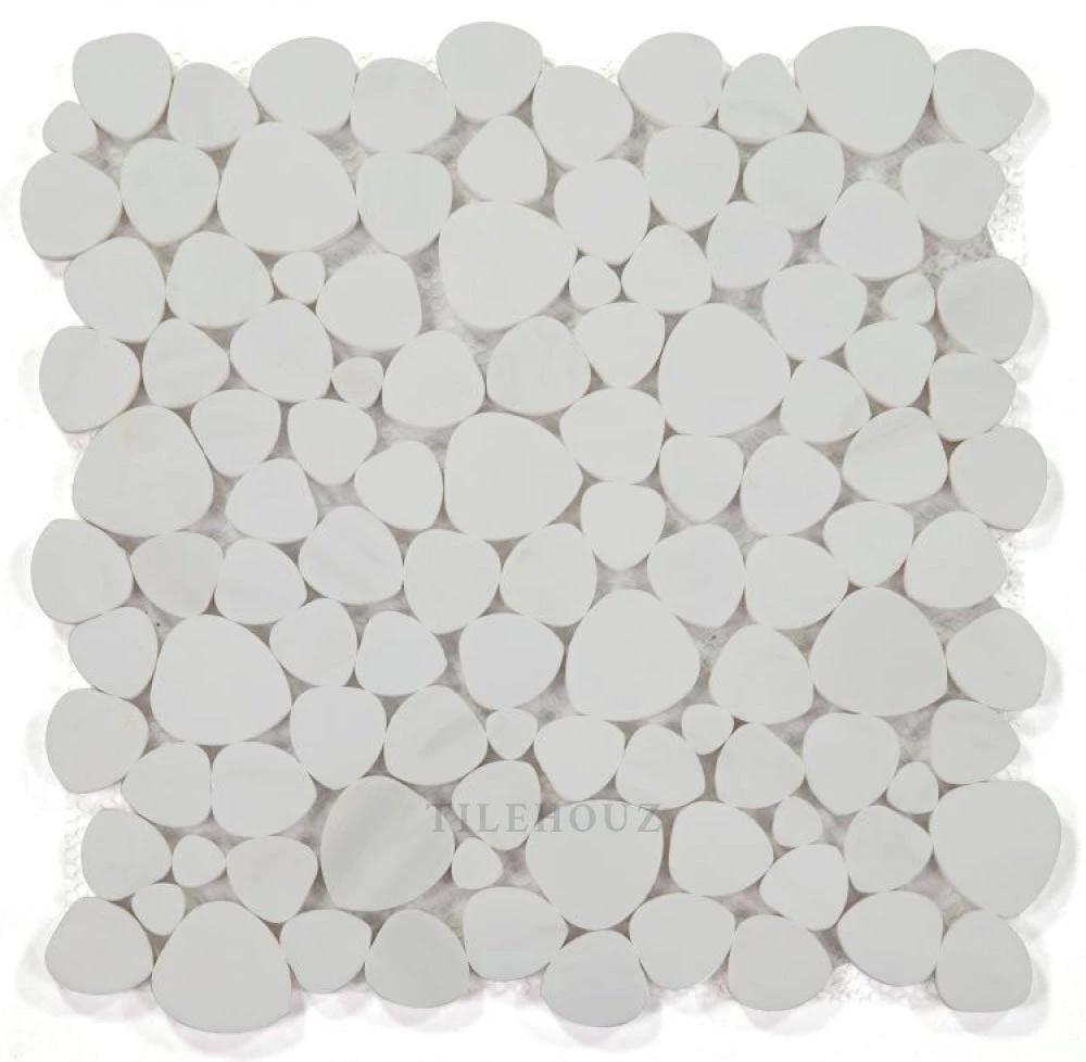 Aphrodite Dolomite Honed 12x12 marble mosaic tile by Tilehouz; white circular discs