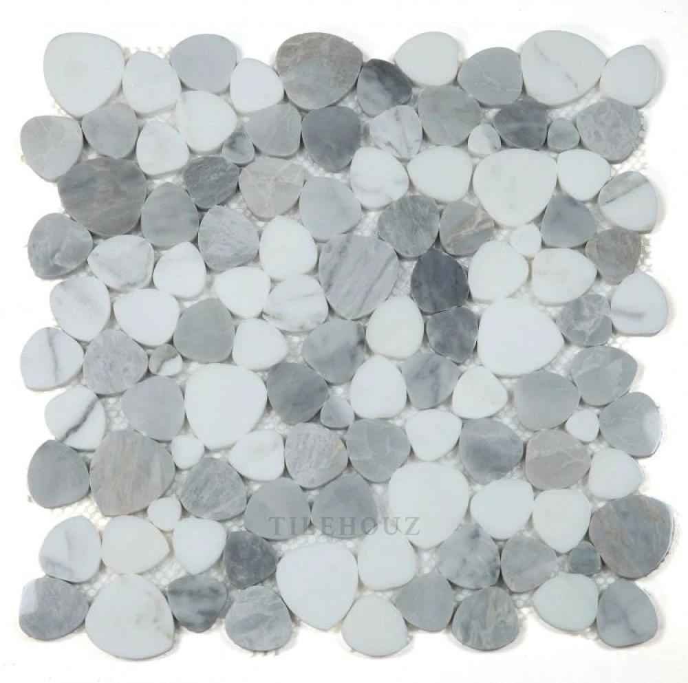 Aphrodite Dusk 12x12 marble mosaic tile by Tilehouz, Calacatta gray/white pebble sheet