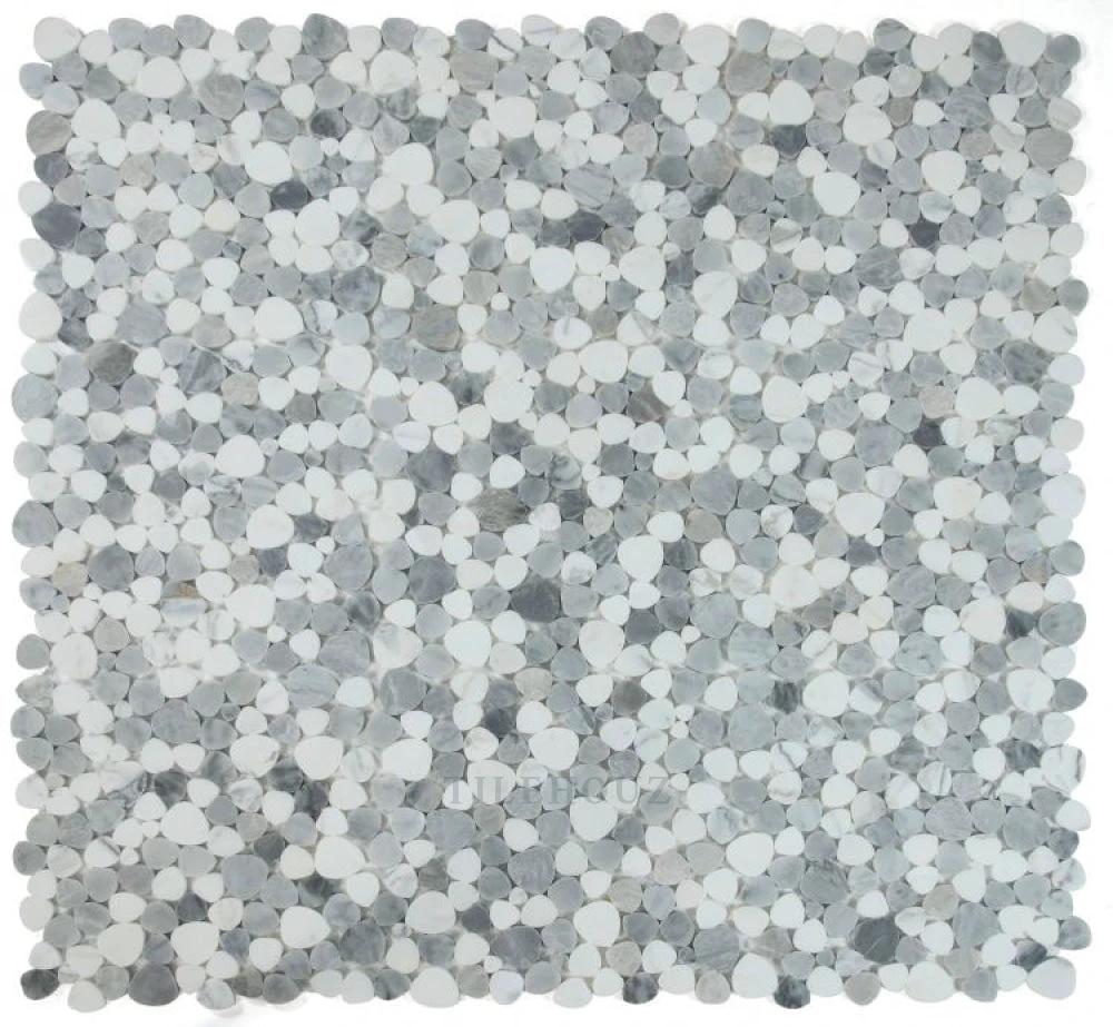 Aphrodite Dusk 12x12 marble mosaic tile, Calacatta gray and white round tesserae, Tilehouz
