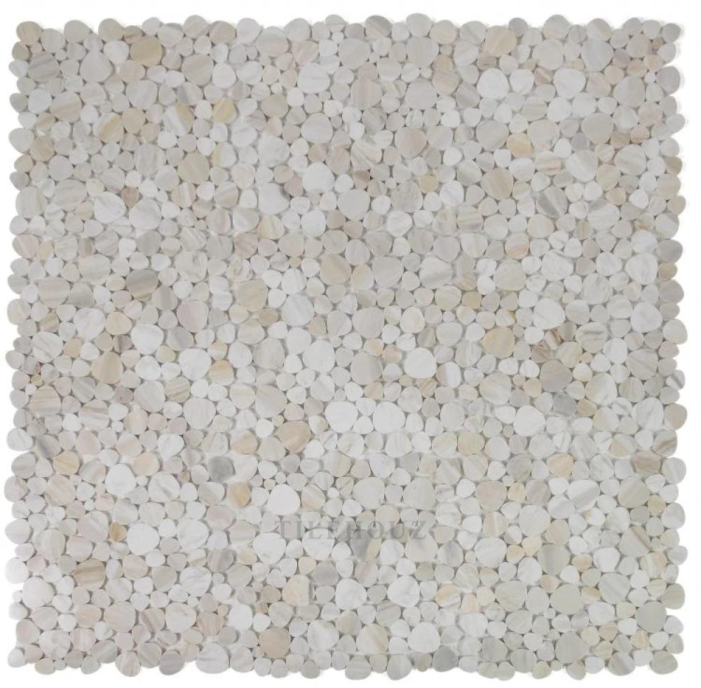 Aphrodite Eura Wood marble mosaic 12 x 12 sheet in beige and white circular pieces by Tilehouz