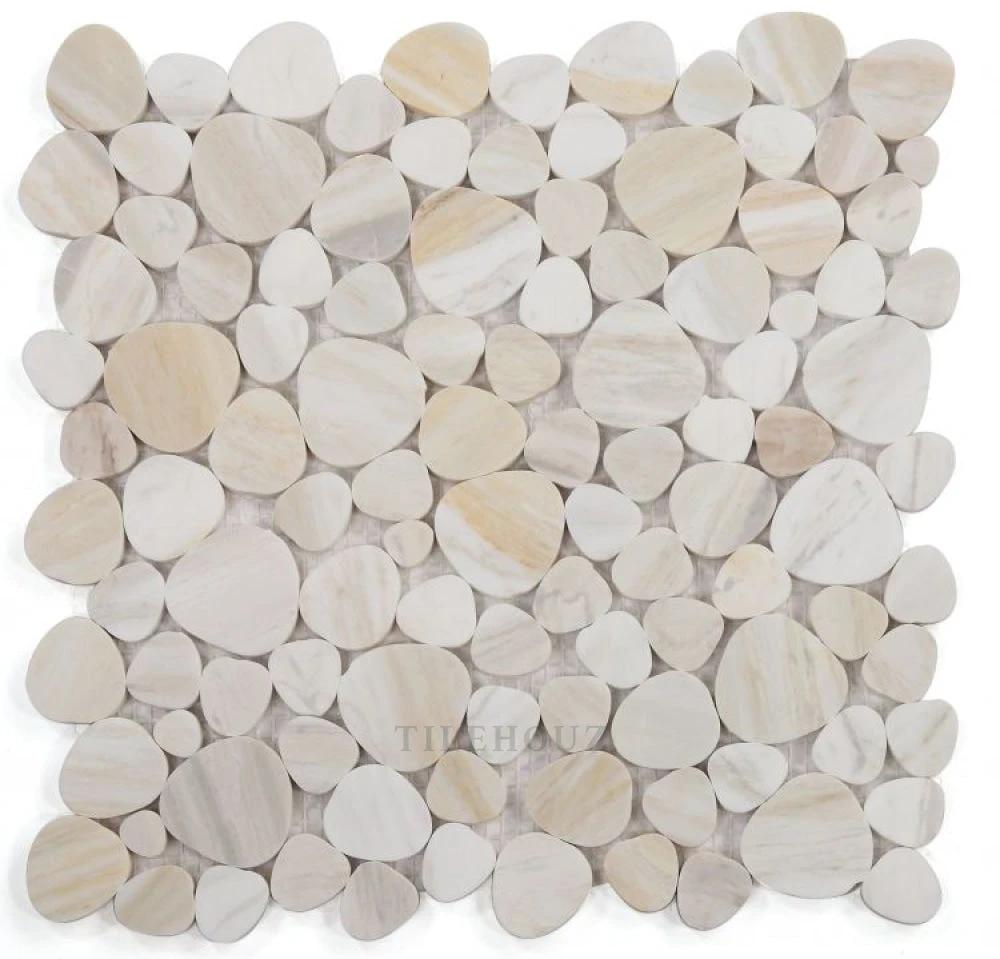 Aphrodite Eura Wood marble mosaic tile 12x12; round beige/cream marble pebbles, Tilehouz
