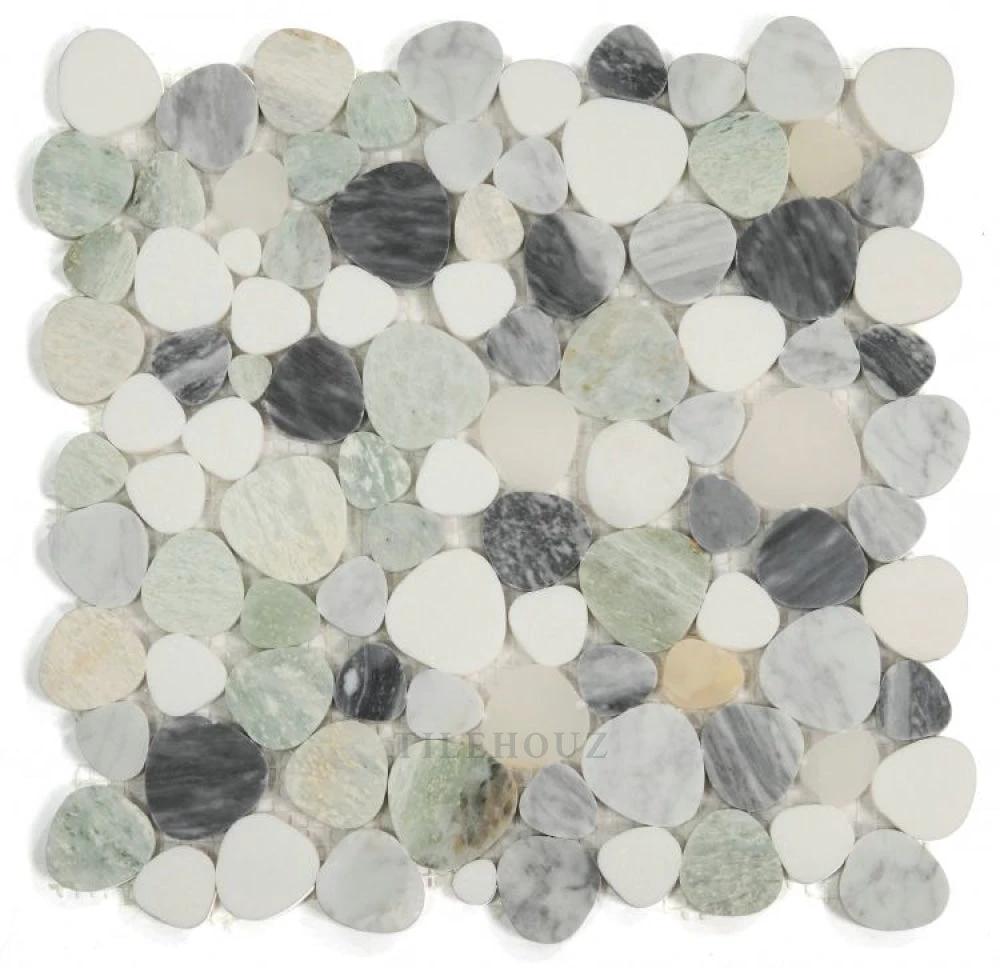 Aphrodite Grassland 12x12 marble mosaic tile by Tilehouz, pebble-style white, gray, and green stones