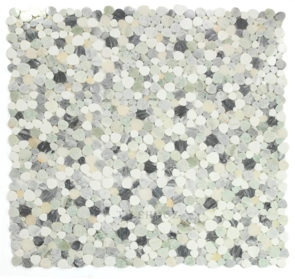 Aphrodite Grassland 12 x 12 marble mosaic tile by Tilehouz, chips in white, cream, gray, and pale green tones