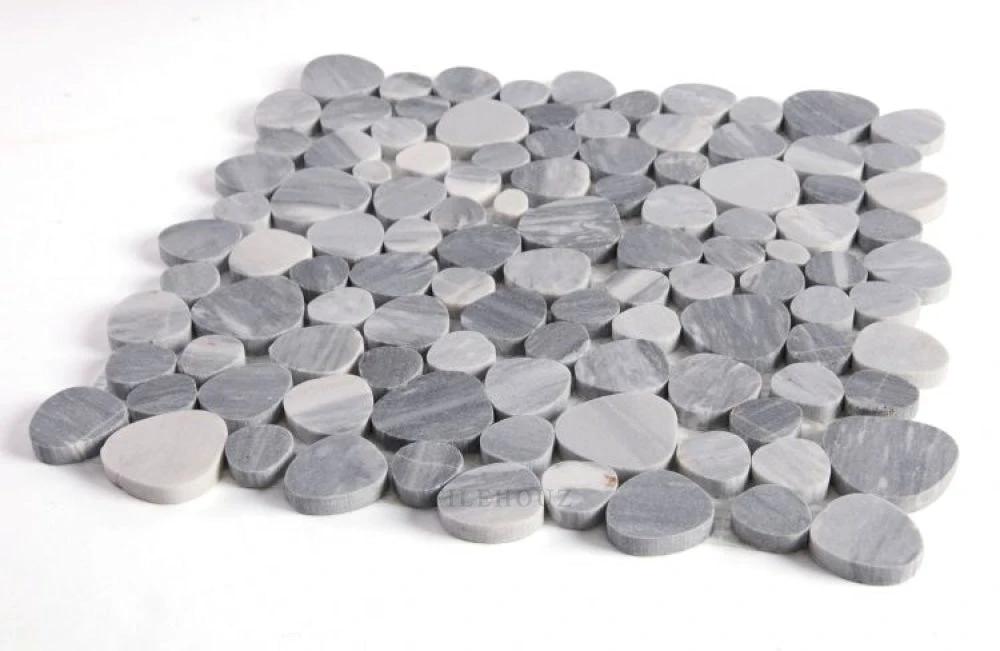 Aphrodite Italian Blue 12x12 Marble Mosaic round discs by Tilehouz; blue-gray marble wall tiles