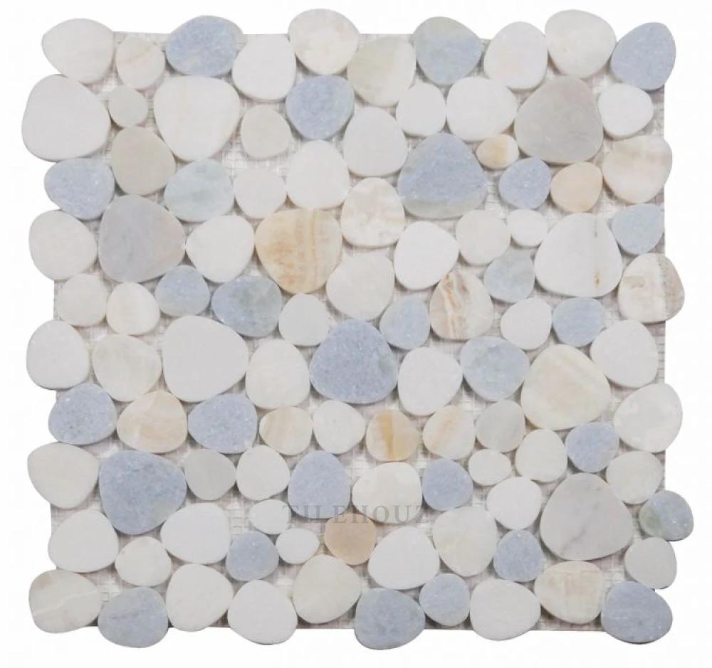 Aphrodite Marina 12x12 Marble Mosaic by Tilehouz with rounded white, gray, blue and beige pebbles.