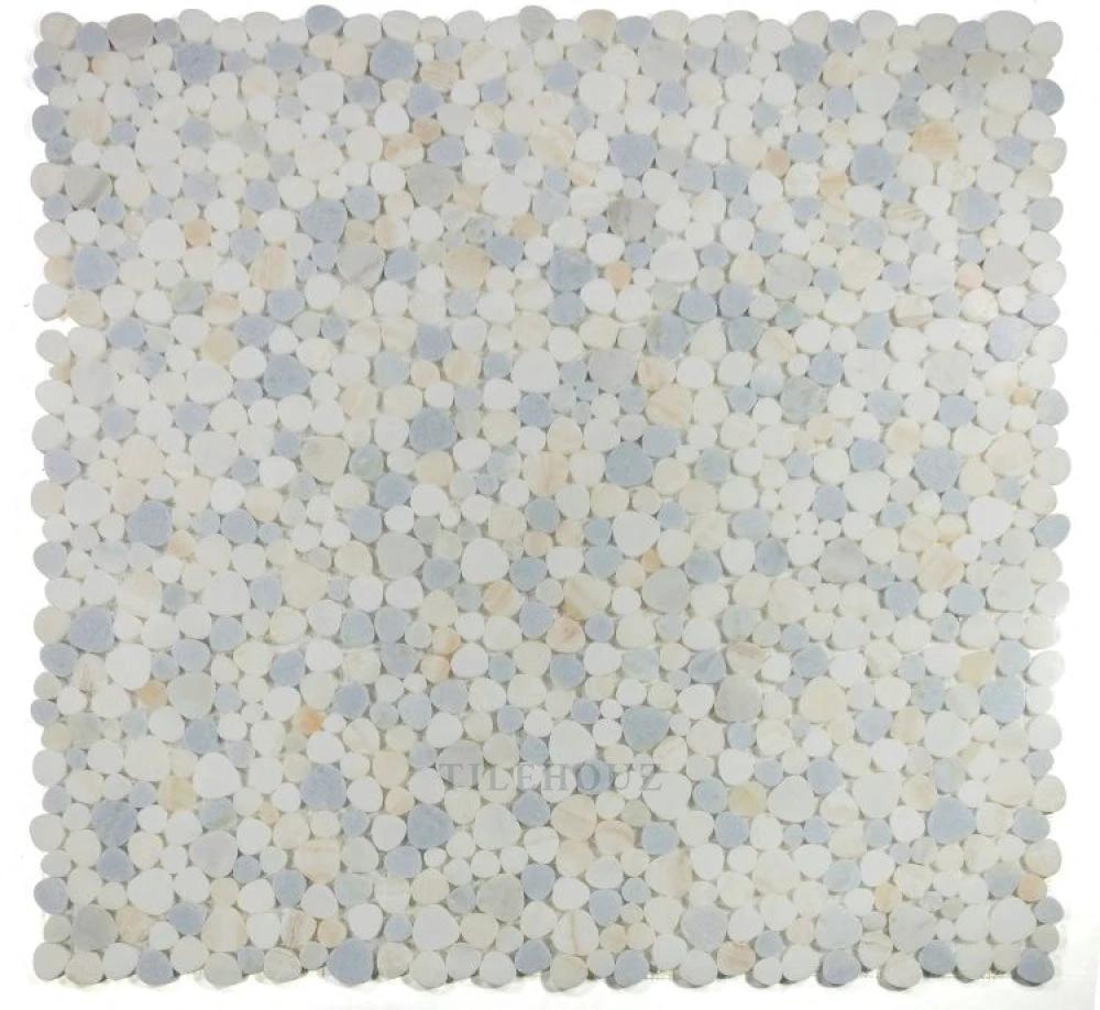 Aphrodite Marina 12x12 Marble Mosaic tile by Tilehouz; white, cream and pale-blue pebble for walls and ceilings.