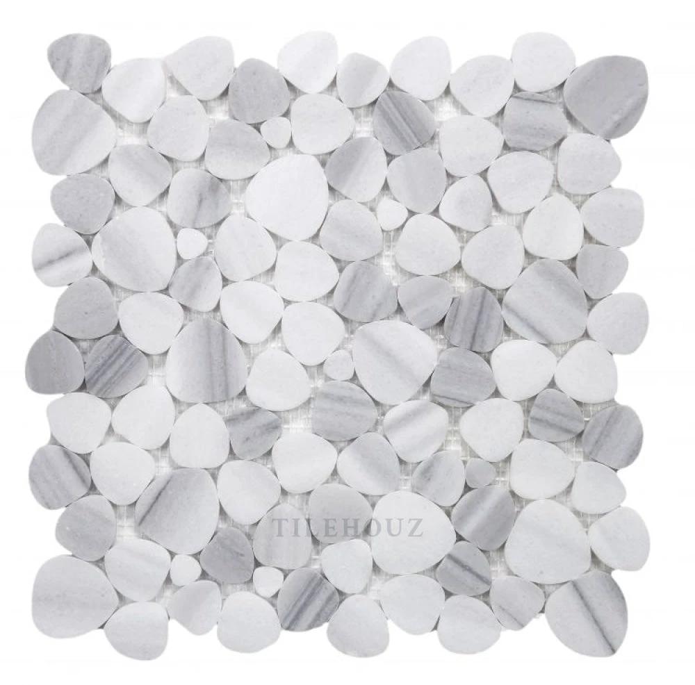 Marble mosaic tile Aphrodite Marmala White 12x12 by Tilehouz with round white and gray pebbles