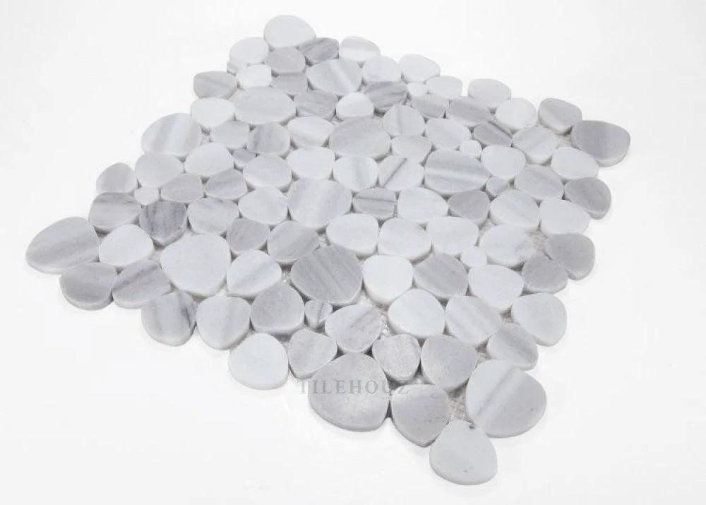 Aphrodite Marmala White 12x12 marble mosaic tile by Tilehouz with round white and gray pebbles