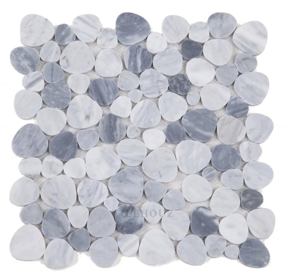 Aphrodite Mix Grey Honed 12x12 Marble Mosaic tile sheet by Tilehouz with round grey and white pebbles.