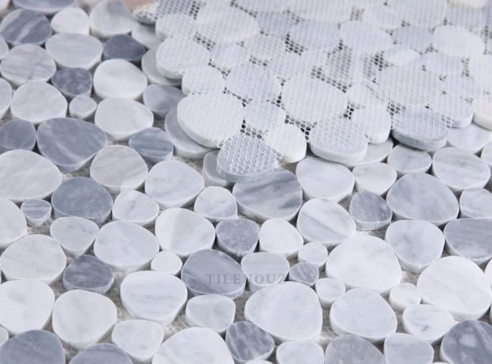 Aphrodite Mix Grey Honed Marble Mosaic by Tilehouz; 12x12 round marble coin tiles on a mesh backing