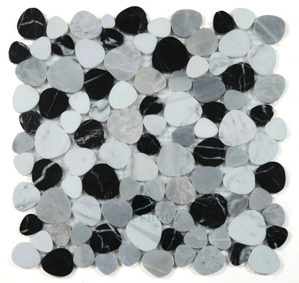 Aphrodite Moonlight marble mosaic tile by Tilehouz; 12x12 wall & ceiling tile with black, gray, and white marble pebbles.
