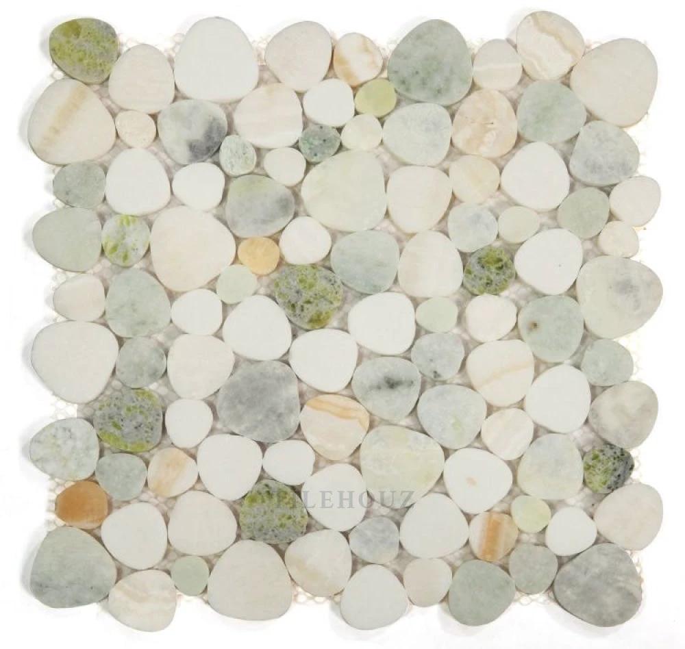 Aphrodite Onyx 12x12 marble mosaic tile, pebble-style mix of white, gray, green, and beige stones by Tilehouz