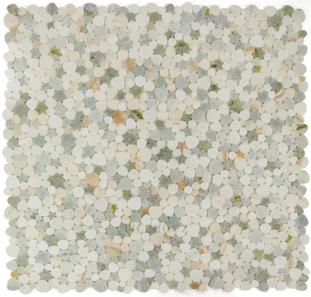 Aphrodite Onyx 12x12 marble mosaic; round penny-round discs in white, cream, gray, and green.