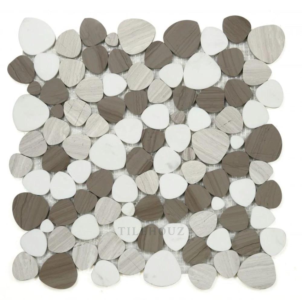Aphrodite Smoke 12x12 marble mosaic tile with white, gray and taupe rounded pebbles by Tilehouz