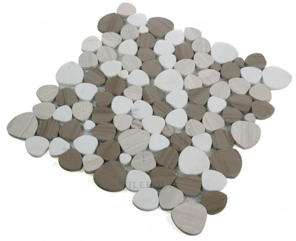 Aphrodite Smoke 12x12 Marble Mosaic tile by Tilehouz - round white, gray, taupe marble discs
