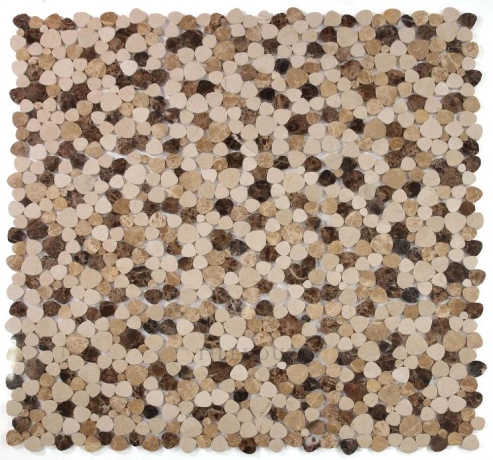 Aphrodite Spain 12x12 marble mosaic tile sheet with round beige, tan, and brown discs.