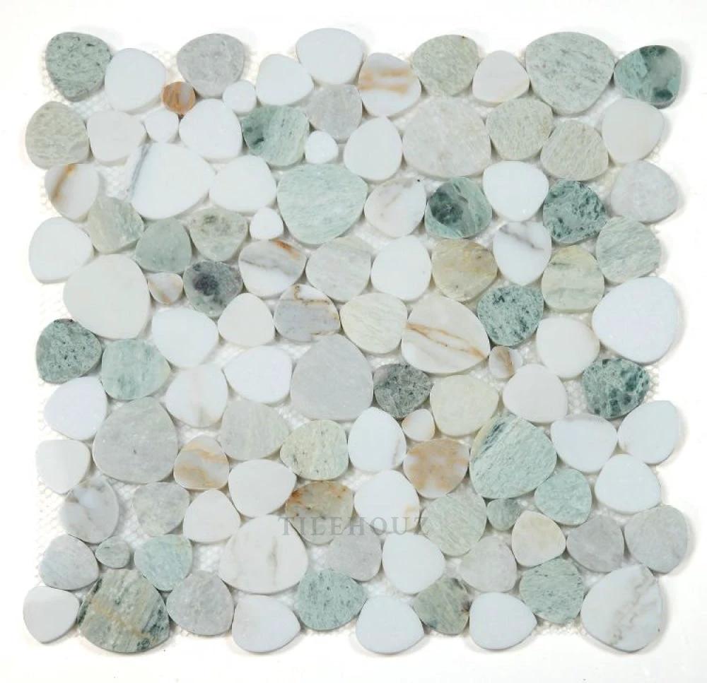 Aphrodite Spring 12x12 Marble Mosaic by Tilehouz; white and pale-green pebble marble wall tile