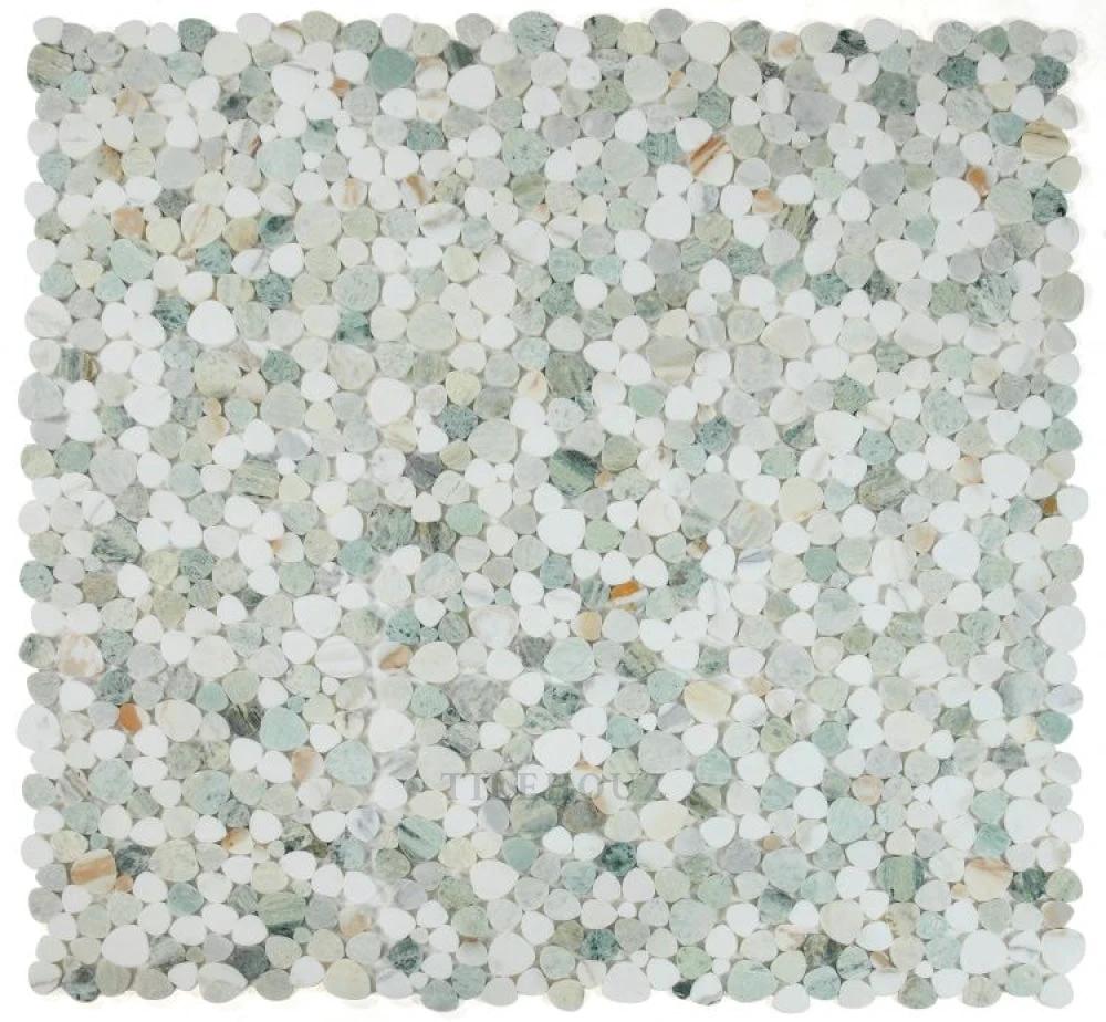 Aphrodite Spring 12x12 Marble Mosaic by Tilehouz; pale green, grey, and white round-chip wall tile.