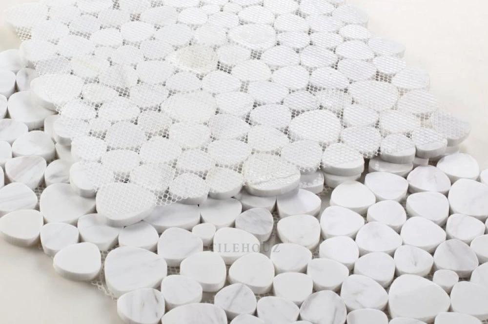 Aphrodite White 12x12 Marble Mosaic sheet with round Volakas marble discs on mesh backing
