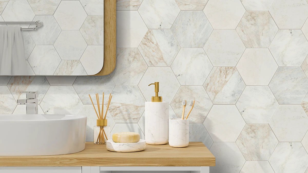 Arabescato Venato White 8-inch hexagon honed marble wall tiles by Tilehouz