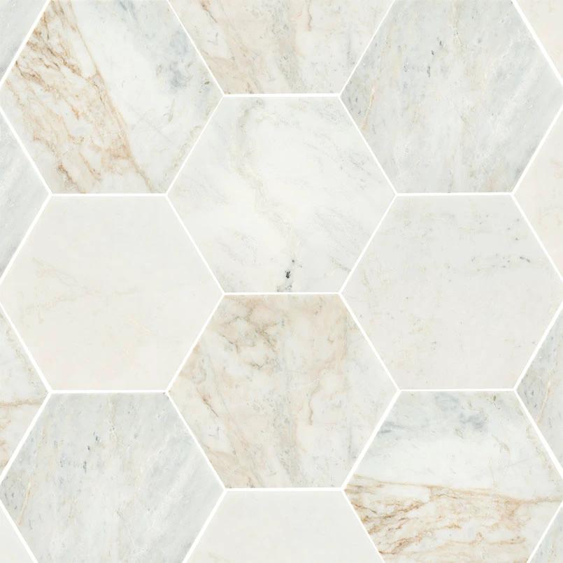Arabescato Venato White 8in hexagon honed marble tile set for walls by Tilehouz
