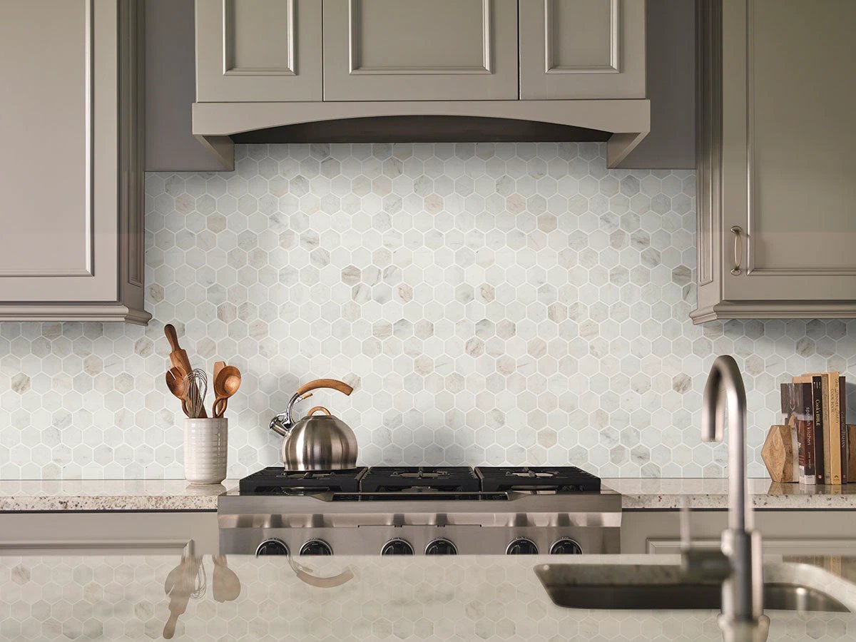 Arabescato Venato White 2-inch hexagon honed marble wall tile for kitchen backsplash