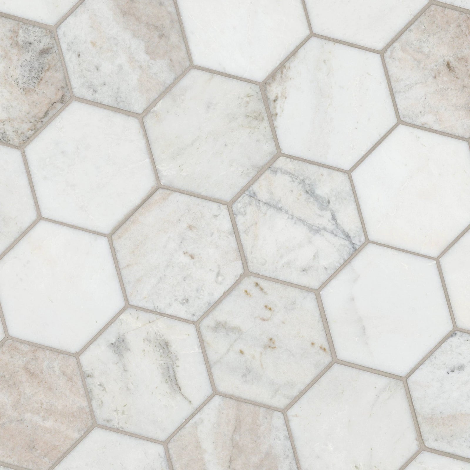 Arabescato Venato white 5-inch hexagon honed marble wall tile, sold by the sheet.
