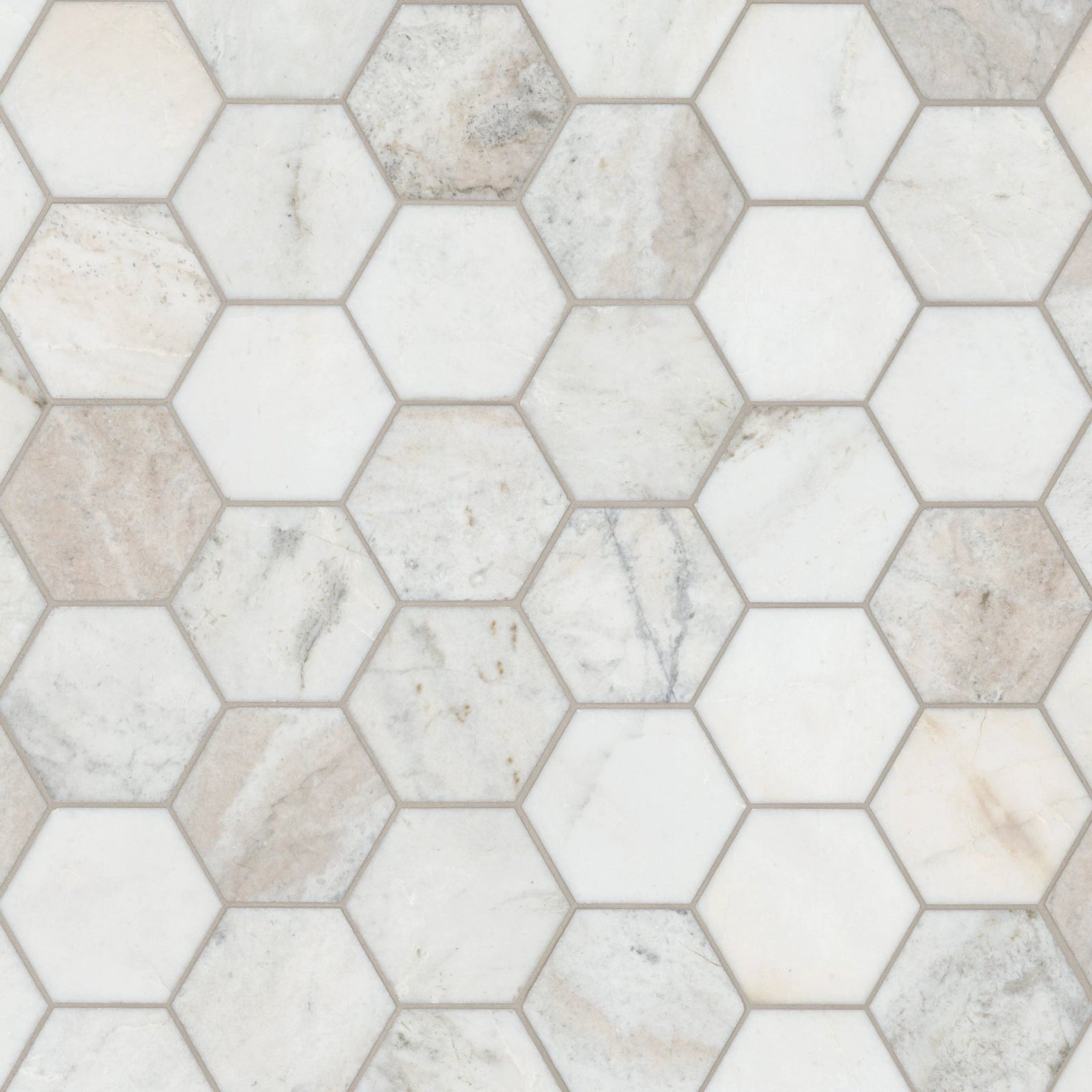 Arabescato Venato White 5-inch hexagon marble wall tile, honed finish, sold by the sheet, Tilehouz