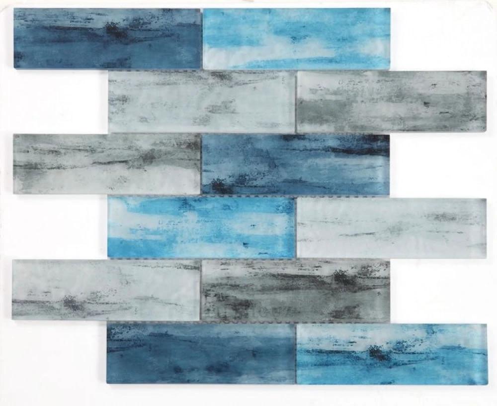 Art Ocean Casale 11.75 x 11.75 glass mosaic tile sheet in blue-gray brick pattern