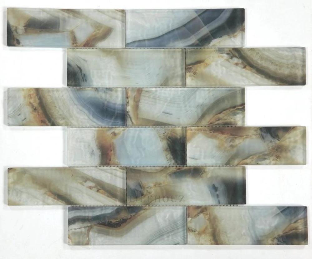 Glass mosaic Art Onyx Mauna 11.75 x 11.75 sheet by Tilehouz; wall & ceiling tile with blue-gray onyx swirls.
