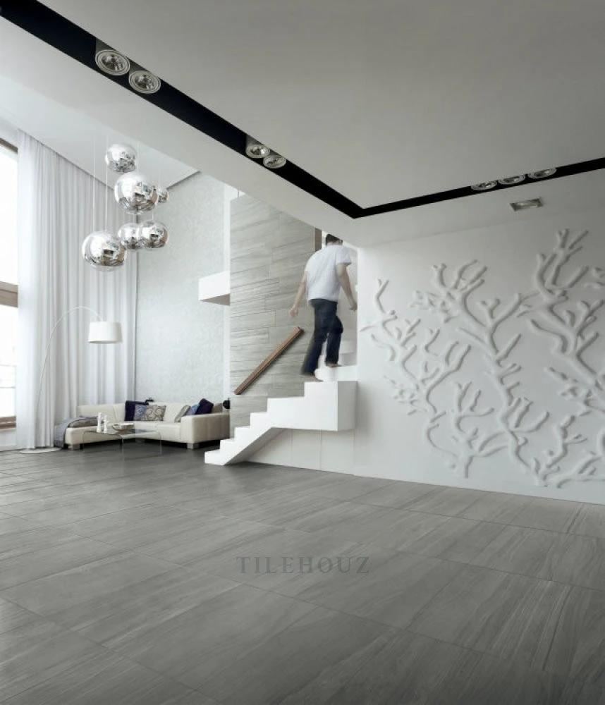 Artwork Acciaio porcelain tile 18x36 in grey for flooring by Tilehouz