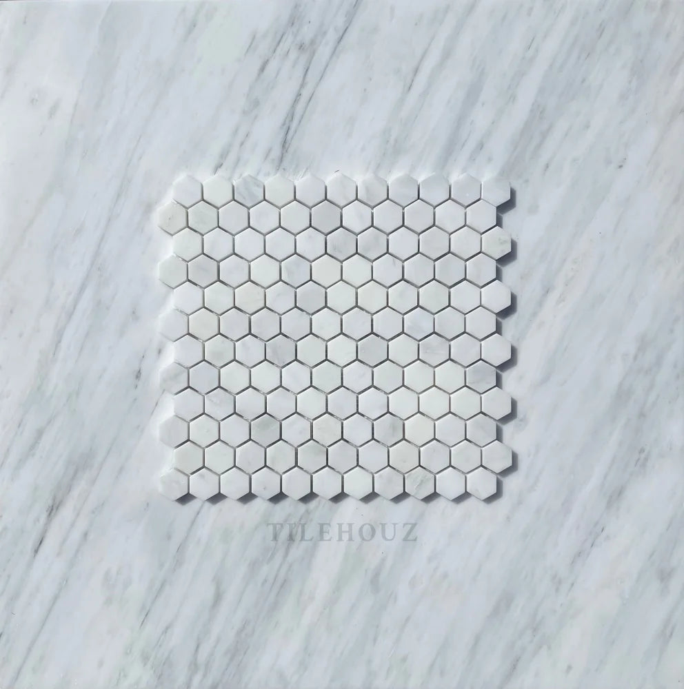 Asian Statuary 1in Hexagon White Marble Mosaic Tile, Polished & Honed, Tilehouz Wall & Ceiling Tile