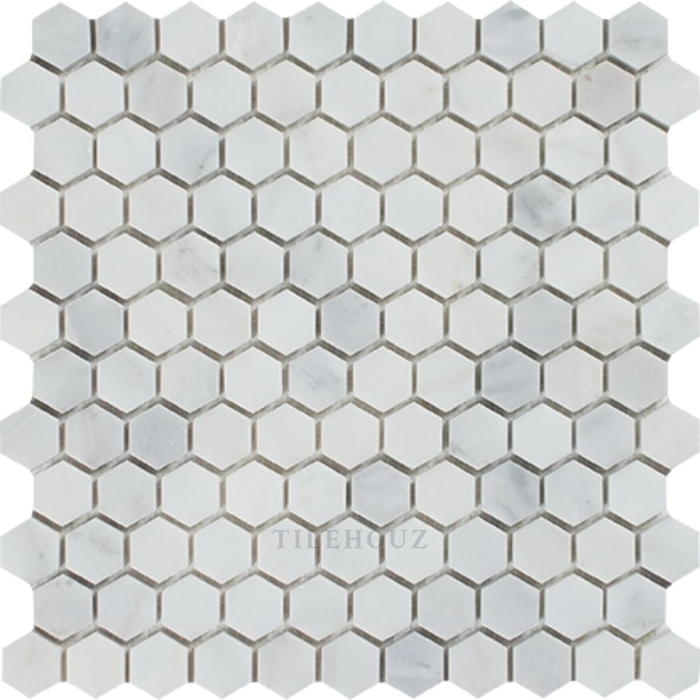 Tilehouz Asian Statuary 1in hexagon white/gray marble mosaic tile, polished and honed for walls and ceilings
