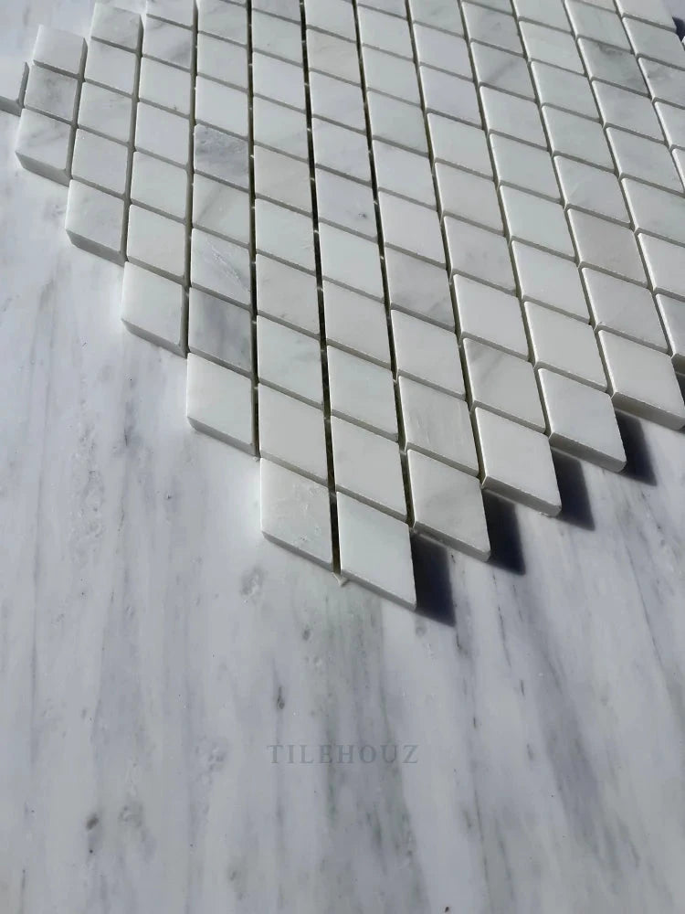 Asian Statuary 1x2 Diamond Mosaic Marble tiles, white marble with subtle veining, polished & honed Tilehouz