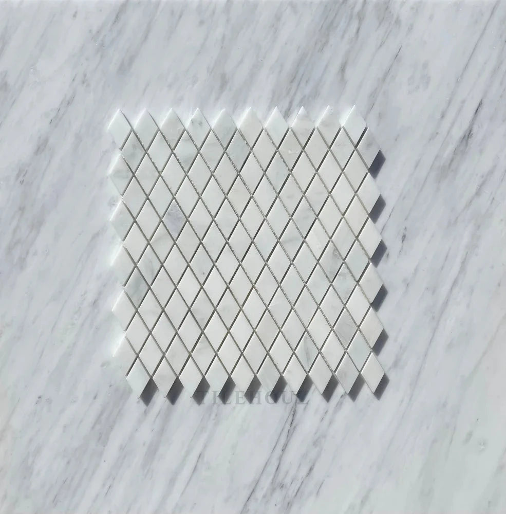 Tilehouz Asian Statuary 1x2 diamond mosaic marble sheet for walls; polished & honed white/gray