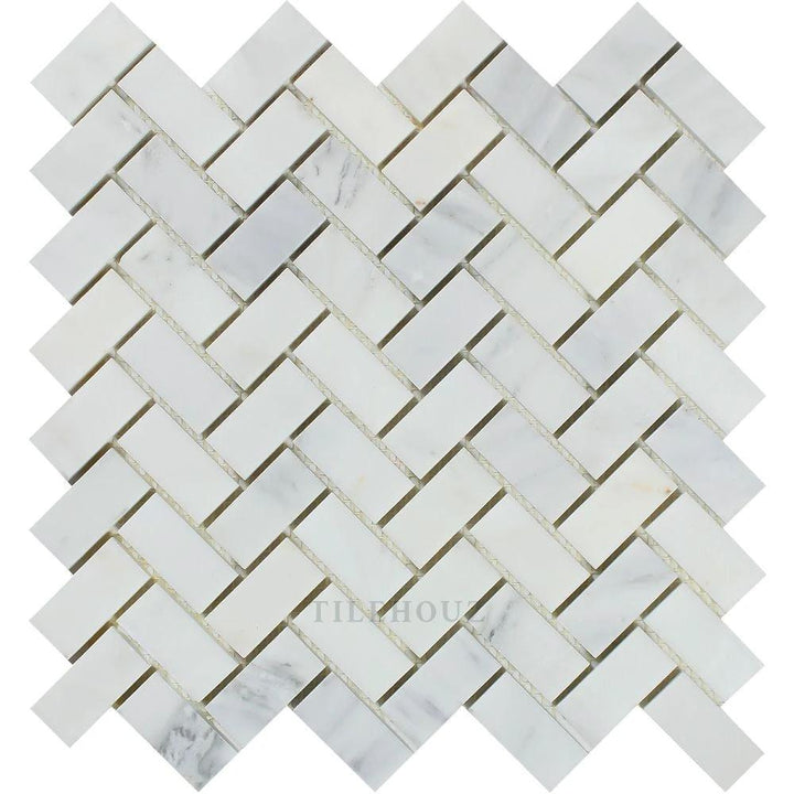 Asian Statuary marble 1x2 herringbone mosaic tile by Tilehouz, polished and honed finish for walls