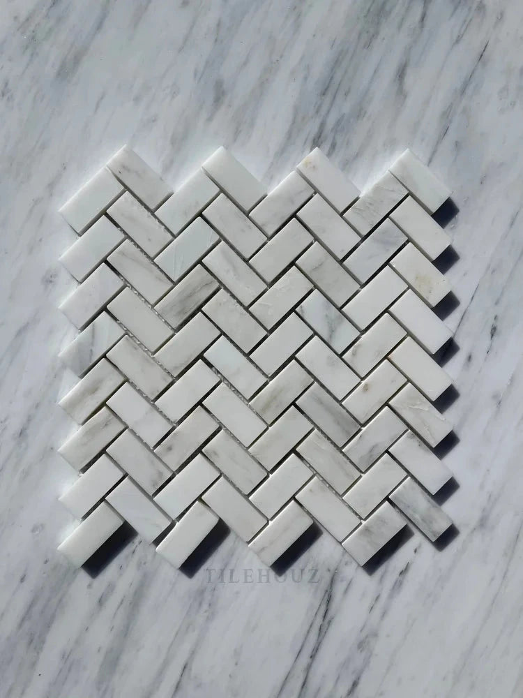 Tilehouz Asian Statuary 1x2 herringbone marble mosaic tile sheet; polished and honed white/gray marble