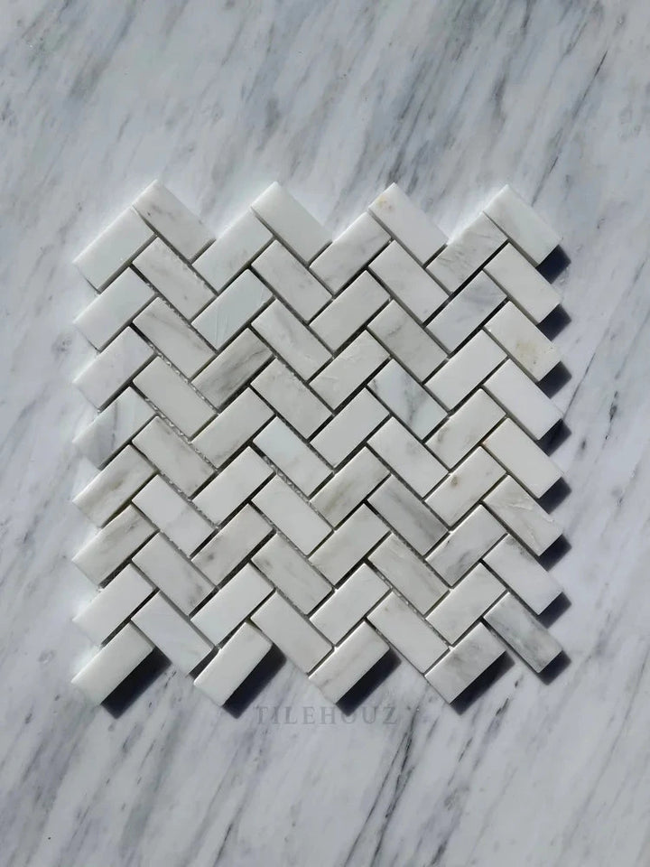 Tilehouz Asian Statuary 1x2 herringbone marble mosaic tile sheet; polished and honed white/gray marble