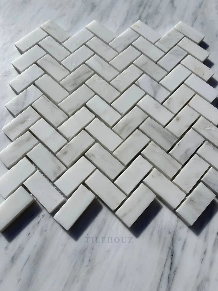 Asian Statuary 1x2 Herringbone white-gray marble mosaic, polished &amp; honed, wall tile, Tilehouz
