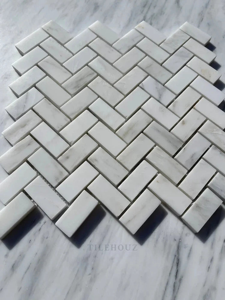 Asian Statuary 1x2 Herringbone white-gray marble mosaic, polished &amp; honed, wall tile, Tilehouz