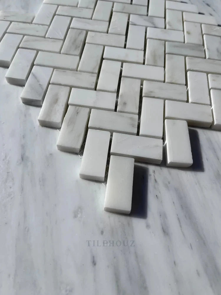 Asian Statuary 1x2 Herringbone Marble Mosaic, polished and honed, Tilehouz