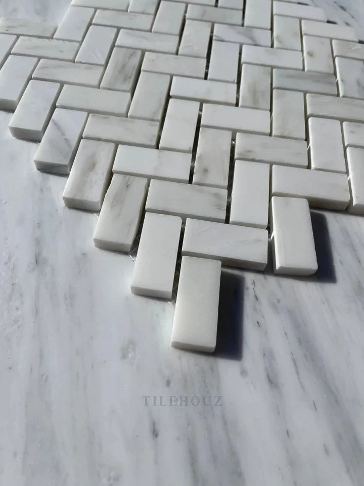 Asian Statuary 1x2 Herringbone Marble Mosaic, polished and honed, Tilehouz