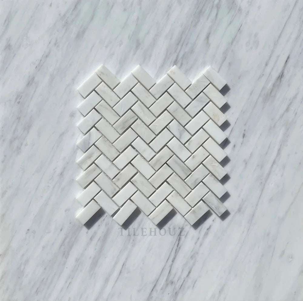 Marble Asian Statuary 1x2 herringbone mosaic tile, polished &amp; honed, Tilehouz