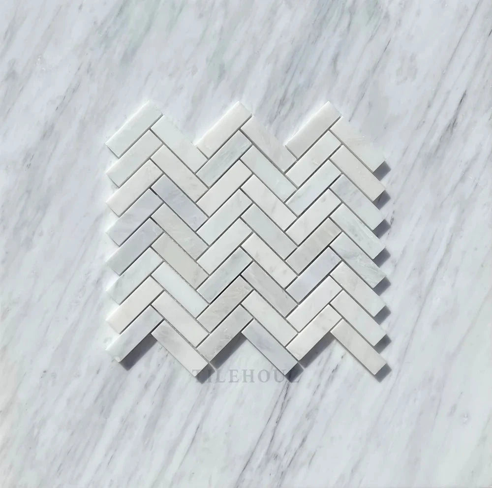 Asian Statuary 1x3 white herringbone marble mosaic tile, polished and honed, Tilehouz