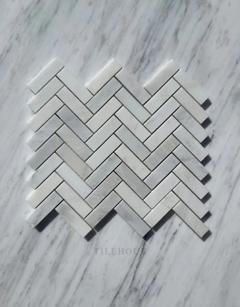 Asian Statuary White 1X3 Herringbone Mosaic Polished&Honed Marble