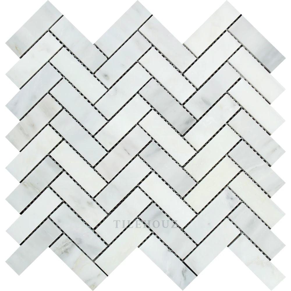 White marble Asian Statuary 1x3 herringbone mosaic tile for walls by Tilehouz, polished & honed