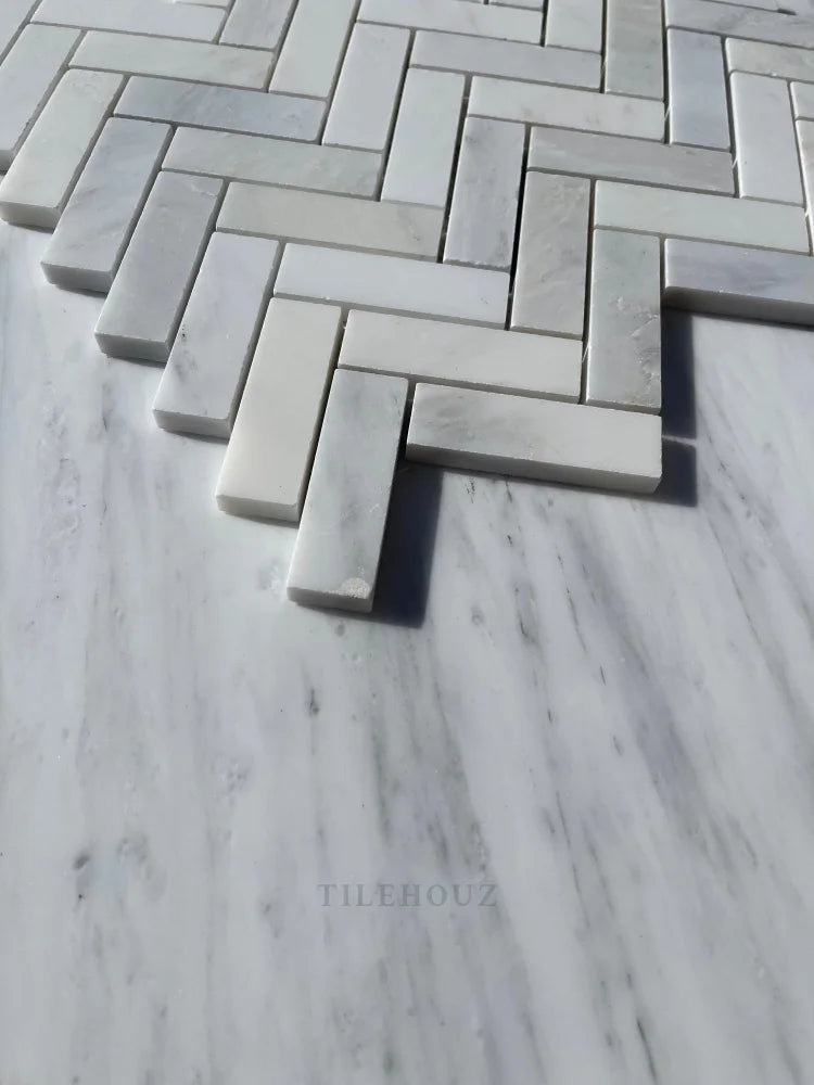 Asian Statuary White 1X3 Herringbone Mosaic Polished&Honed Marble